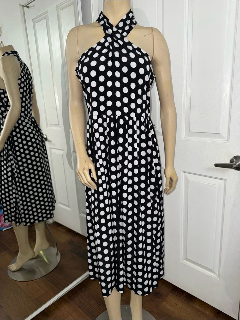 Michael Kors Black and White Polka Dot One-Shoulder Midi Dress